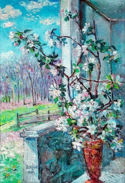  1960 Oil Painting - blossoming branch in a vase 1960 modern decor flowers